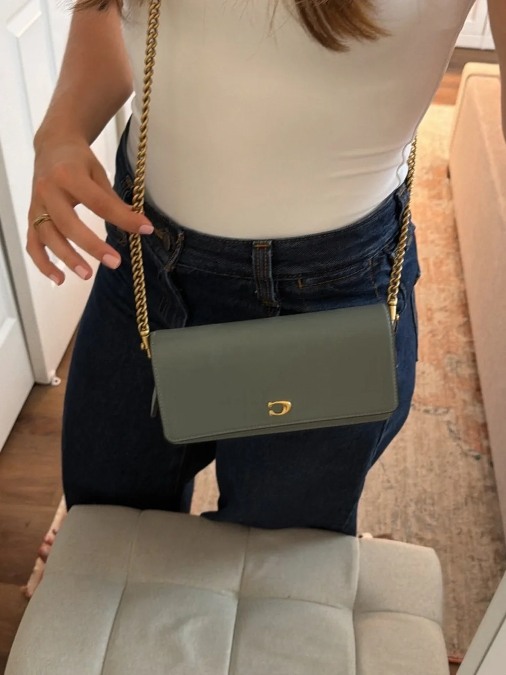 Coach Green Leather Crossbody Wallet with Gold Chain